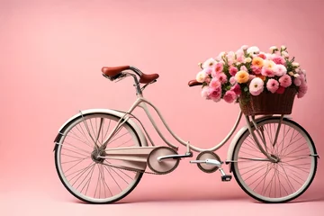 Foto op Aluminium Vintage women's bicycle decorated with fresh flowers isolated on flat pink background with copy space. Creative concept for spring sale of women's bicycles. © Eun Woo Ai