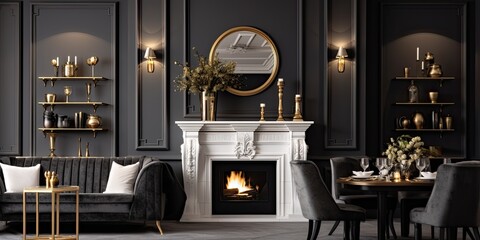 Fototapeta premium Classic black dining room with luxurious interior decor, including a white brick fireplace with a gold frame and a gray sofa.