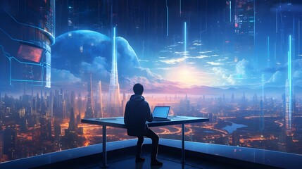 Fototapeta na wymiar Cyber Businessman Immersed in Urban Futurism: Laptop Overlooking Neon Cityscape Digital Entrepreneur in Cyber City: Man at Desk Amidst Futuristic Skyscrapers Urban Futurist at Work: Businessman Overlo