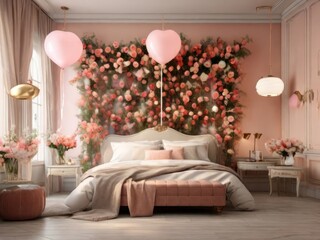 A luxury bedroom with elegant curtains, vintage furniture, and hearts shape balloons