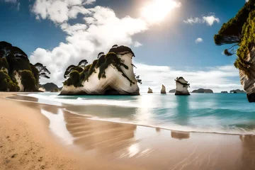 Fotobehang Panoramic picture of Cathedral Cove beach in summer without people during daytime © Eun Woo Ai