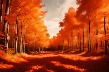 Keuken foto achterwand Color landscape paintings featuring warm orange hues in autumn, created using ink watercolors, Generative AI © Eun Woo Ai