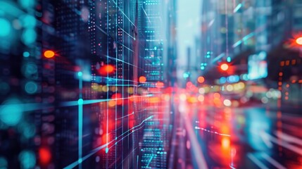 Digital data flow in urban areas, fast speed transfer. Future digital transformation concept,