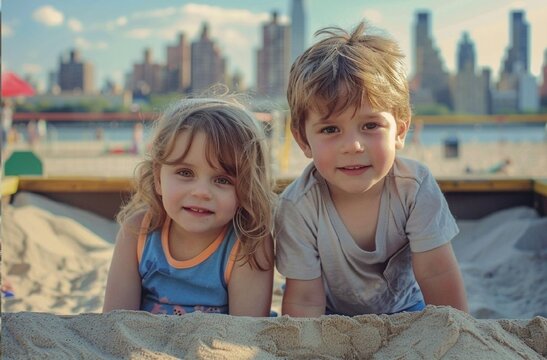 A stunning photo of three-year-old friends, a girl and a boy, in a sandbox on a city beach.