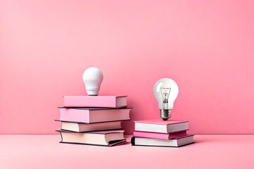 mock up of stacked pink book and light bulb in minimal design on pink background