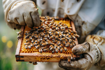 the hands of a beekeeper holds a frame with honey near the hive, in his apiary - obrazy, fototapety, plakaty