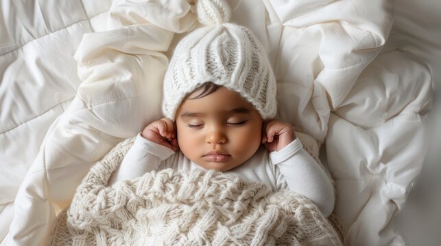 Newborn baby girl sleeping in modern white clothes, wrapped in a white blanket, looking cute and adorable