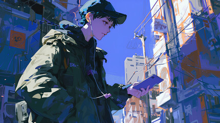 anime famous cool guy using sketchbook on city streets