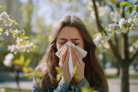 A sneezing young woman blows her nose into a handkerchief while walking in a spring park, allergies, polynosis