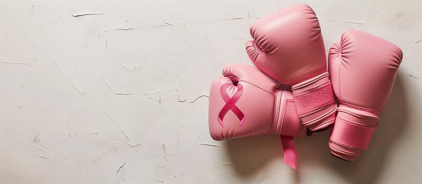 Flatlay Pink fighting boxing gloves with female cancer ribbon for chemo support awareness month charity fundraiser events for oncology screening womens health plain simple banner background no people 