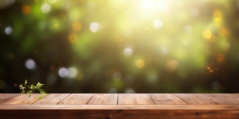 Nature-themed empty wooden table with bokeh background, ideal for product displays.