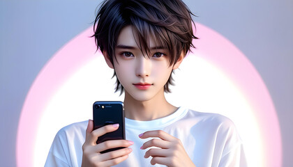 A beautiful and handsome virtual idol boy is holding a smartphone. Cosplayers. Video distribution. Streaming. - obrazy, fototapety, plakaty