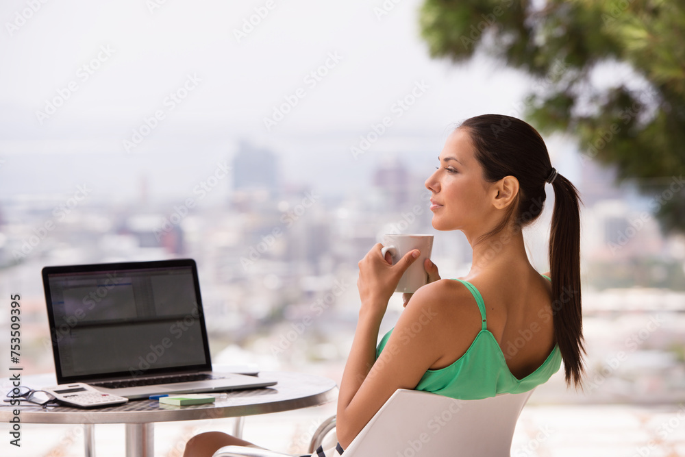 Sticker Balcony, laptop and woman relax with coffee and remote work in trading business and budget with finance. Entrepreneur, thinking or calm investor drink espresso outdoor at home with stocks on computer