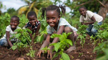 A group of happy African children are engaged in planting young seedlings in a fertile, green garden, showcasing joy and teamwork.