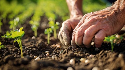 Aged hands gently planting seeds in rich soil, symbolizing growth, sustainability, and the timeless tradition of agriculture.