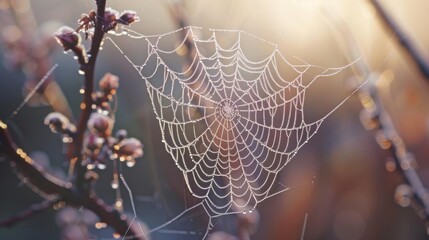 A delicate spider web is adorned with morning dew, glistening in the golden light of sunrise among budding branches.