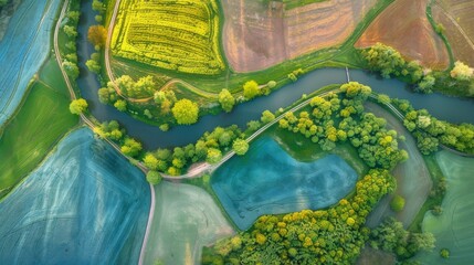 An aerial snapshot captures the serpentine flow of a river winding through the diverse tapestry of colorful agricultural fields.