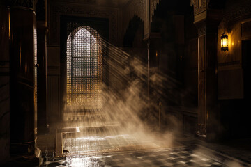 Capture the interplay of light and steam within a Turkish hammam's steam room, highlighting ornate metal work and soothing warm tones. - obrazy, fototapety, plakaty