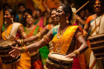 The rhythmic sound and movement of traditional South Indian music and dance performed during Thaipusam, emphasizing the energy and emotion. Soft focus