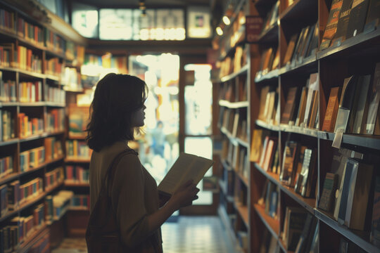 Woman reading in a cozy bookstore aisle.