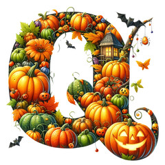 Watercolor letter "Q" with Halloween Pumpkin Patch clipart, hand drawn, clipart, alphabet, PNG