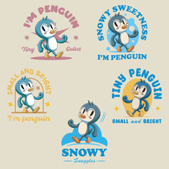 Christmas Cute Penguin Animal Retro Mascot Character Cartoon Illustration Set