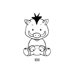 boar baby sitting line vector drawing for coloring. cute boar vector sketch