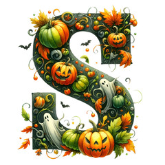 Watercolor letter "S" with Halloween Pumpkin Patch clipart, hand drawn, clipart, alphabet, PNG
