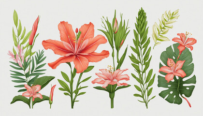 Fototapeta na wymiar collection of tropical beach flowers isolated on a transparent background