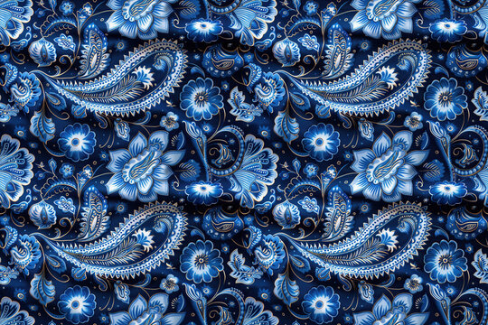 seamless pattern with traditional oriental Indian paisley ornament texture on blue background for fabric decor