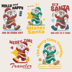 Christmas Cute Santa Claus Retro Mascot Character Cartoon Illustration Set