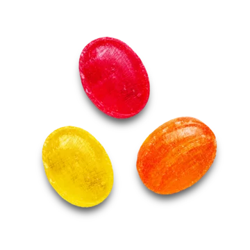Three colorful hard candies in red, yellow, and orange colors