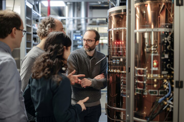 Diverse researchers engaged in a discussion while standing in front of a large, advanced quantum computing system.