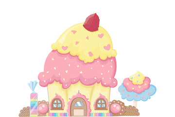Cartoon fantasy candy house. Dreamland cherry cupcake house 