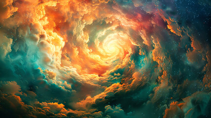 A twirl of colorful clouds, blue sky with white clouds in background