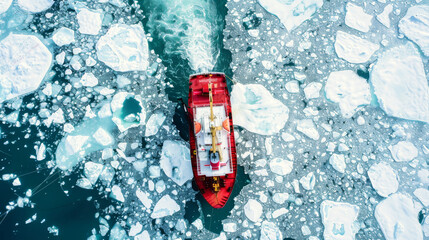 An ice breaker breaking ice, aerial view