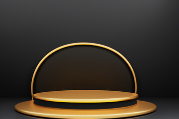 Gold black podium background 3D golden product line stage dark platform wave display