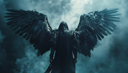 Recreation of black fallen angel called Lucifer from back