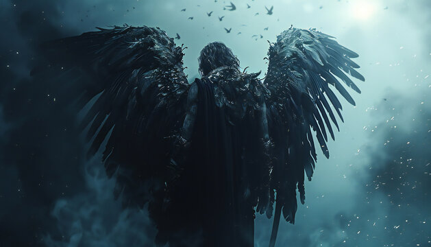 Recreation of black fallen angel Lucifer from back	
