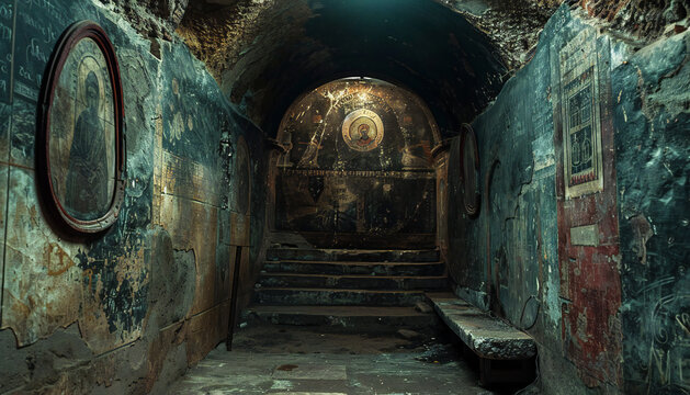 Fictitious recreation of interior of an ancient christian catacomb