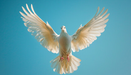 Obraz premium Recreation of a white dove, as Holy Spirit, flying with the wings extended in blue sky
