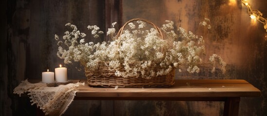 Tray with baby s breath flowers wooden hand and basket on bench beside illuminated wall