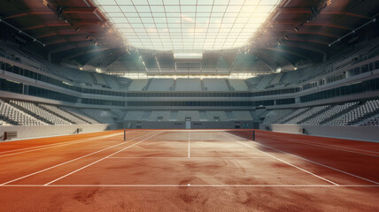 Empty clay tennis court in a large stadium basking in warm daylight.