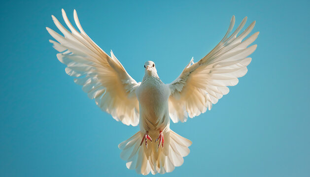 Recreation of a white dove, as Holy Spirit, flying with the wings extended in blue sky