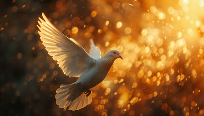 Recreation of a white dove, as Holy Spirit, flying with the wings extended between flares of sunset