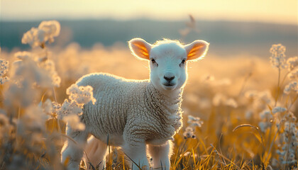 Recreation of a white lamb in a field, lamb of God - obrazy, fototapety, plakaty