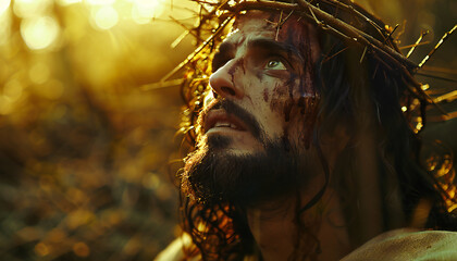 Recreation of Jesus Christ with crown thorns looking to the heaven - obrazy, fototapety, plakaty