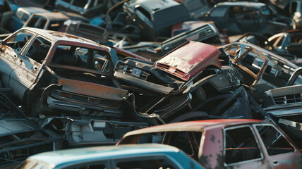 A graveyard of rusted cars piled up, the end of the road for many vehicles. - obrazy, fototapety, plakaty