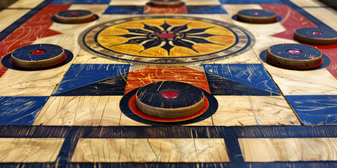 A beautiful close-up of a carrom board Colorful background