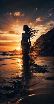 goddess silhouette with sunset coast walking